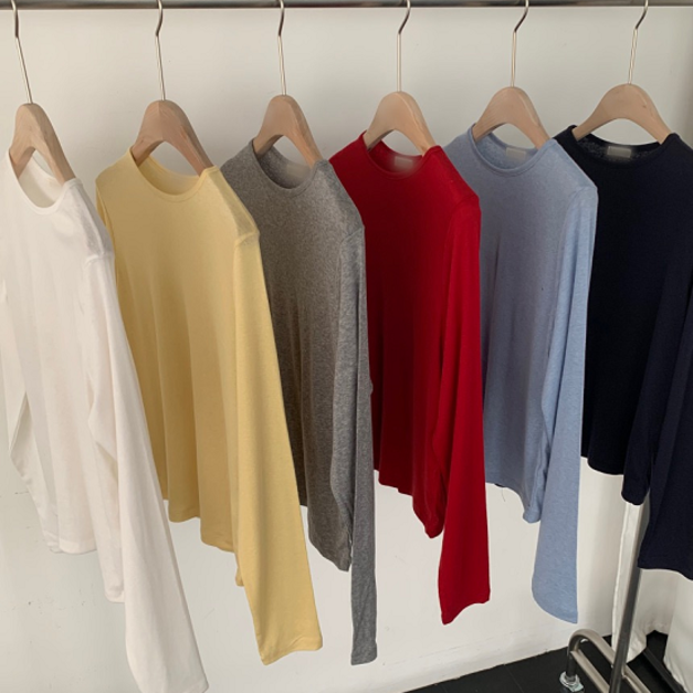 (66%天絲+28%羊毛)有彈力的打底疊穿長袖T - 海軍藍、米白、灰、黃、紅、藍 
