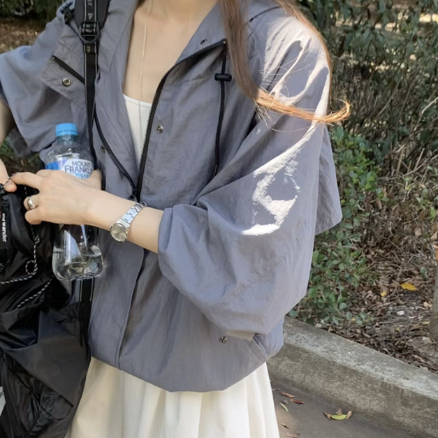 (OUNCE)輕戶外休閒連帽外套 - 駝、灰藍