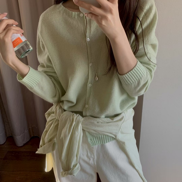 水果奶昔圓領無縫開衫 - 蘋果綠(瑕疵商品請見圖示)