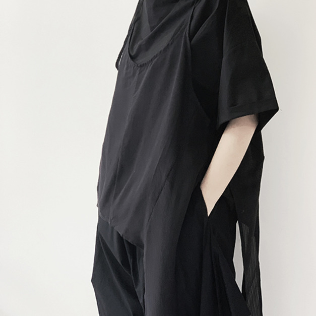 立體造型領拼接不規則透視背心上衣