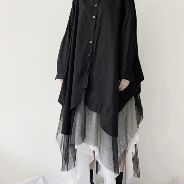 立體造型A字剪裁花瓣下襬拼接網紗襯衫 +漸層裙