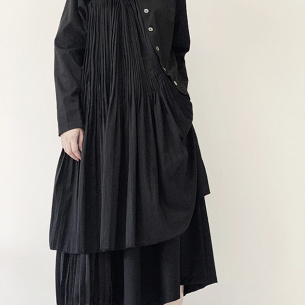 皺褶百褶斜門襟不對稱解構貝殼釦襯衫