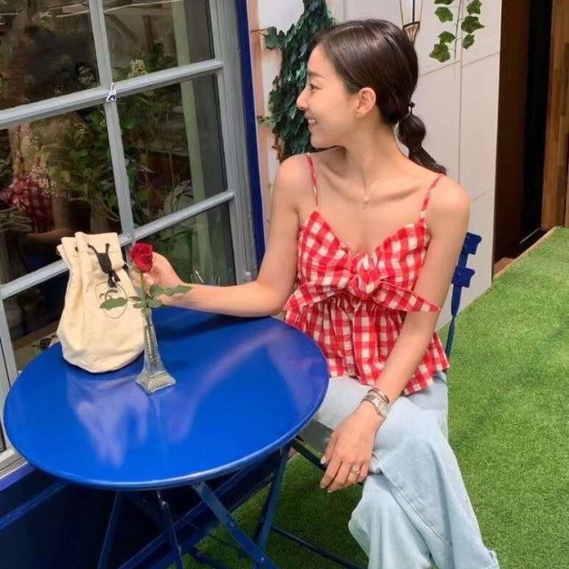 D0674 桃結細帶格紋背心