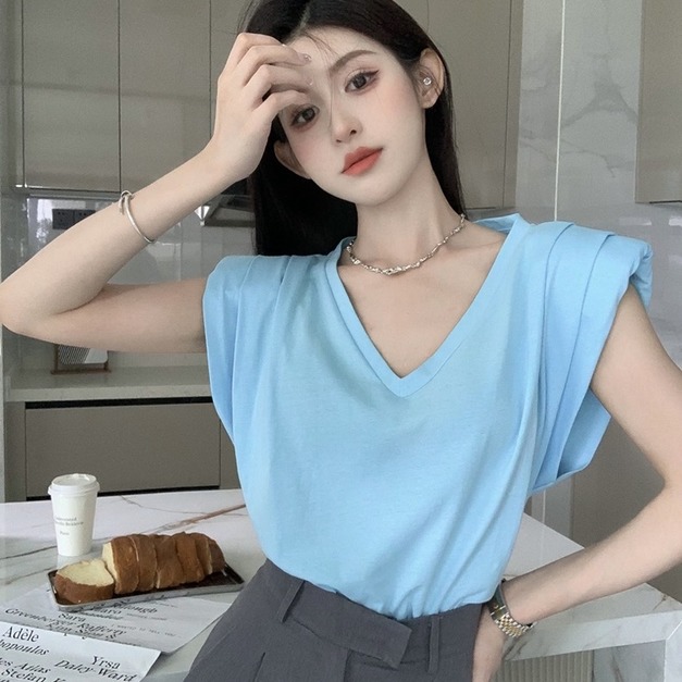 C035-358 v領壓褶墊肩素T