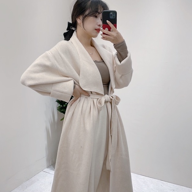 L000164 高磅翻領綁帶針織外套