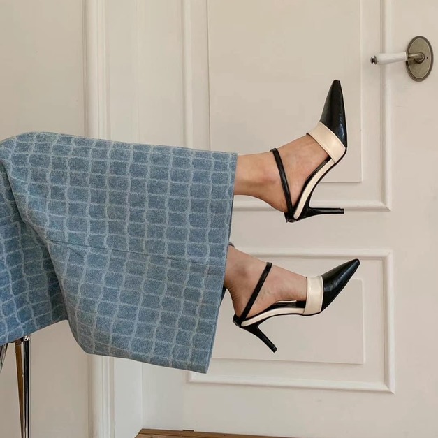 089924 韓國配色尖頭高跟涼鞋