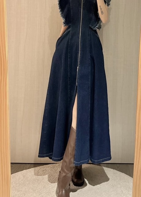 068047 腰洞荷葉顯瘦牛仔長洋