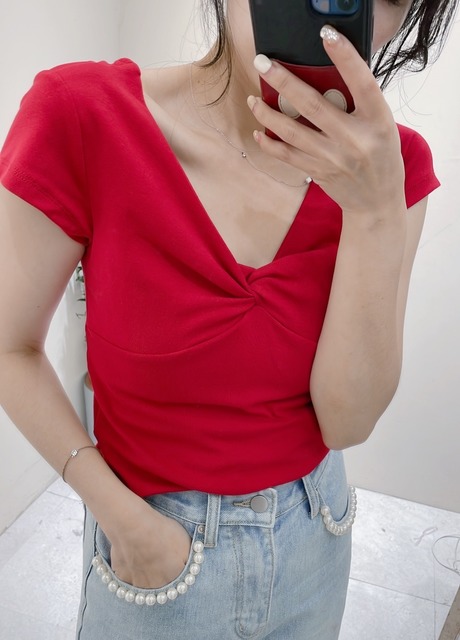 P300123 胸紐結彈力上衣