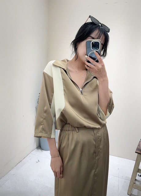 P70003 光澤感撞色長裙套裝