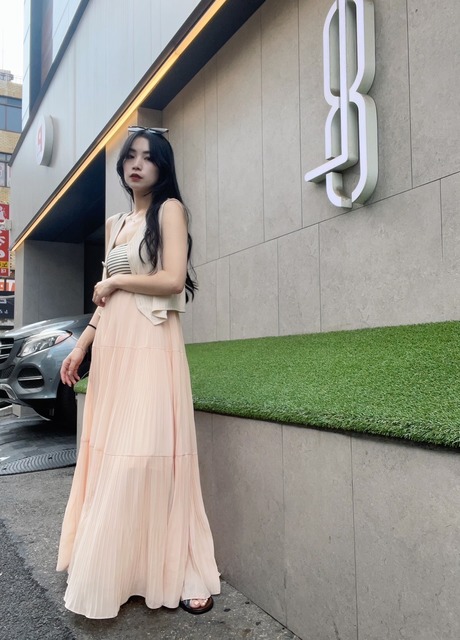 P600047 女神壓褶落地長裙