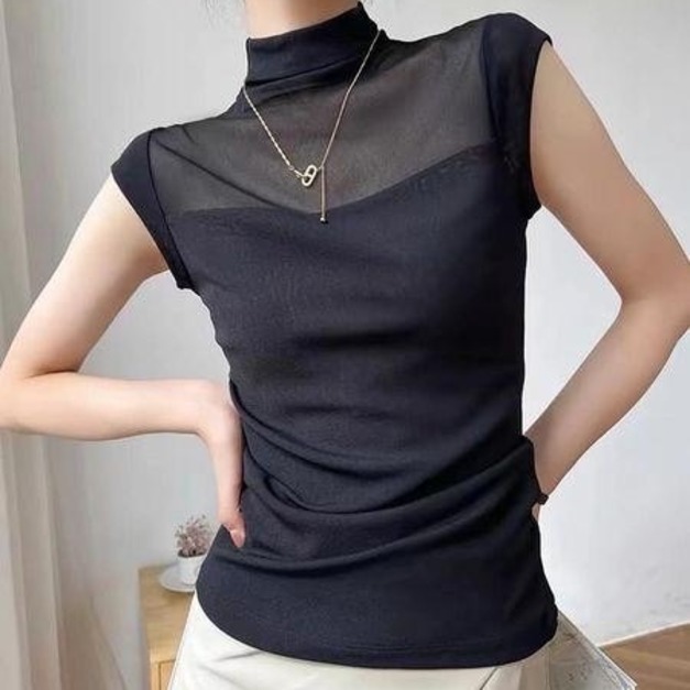 N0103 透視網紗包袖上衣