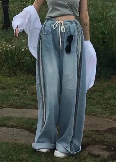 3985159 腰綁側貼布牛仔寬褲