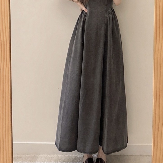 068240胸拼布馬甲式顯瘦牛仔長洋