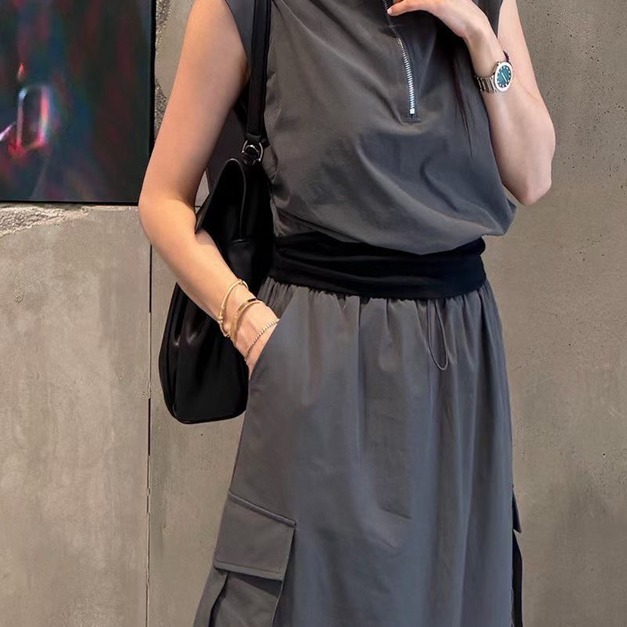 072744假兩件帥氣工裝長裙套裝