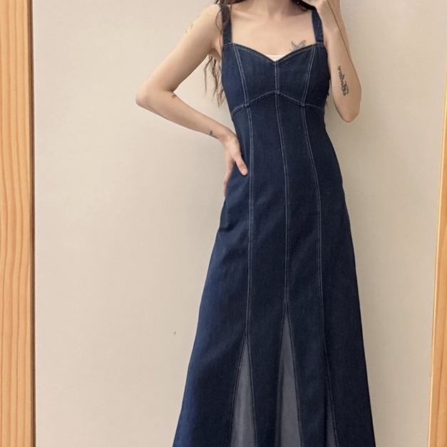 068174 後綁帶下配色顯瘦魚尾牛仔洋