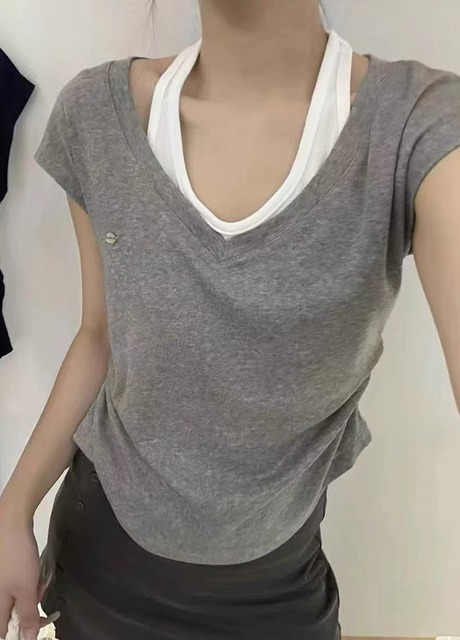 072733 配色假兩件側縮皺棉T