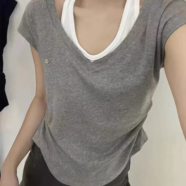 072733 配色假兩件側縮皺棉T