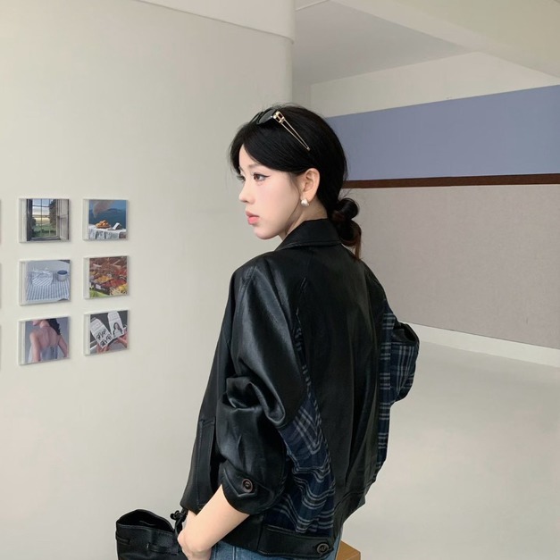 E118 毛料格子布拼皮外