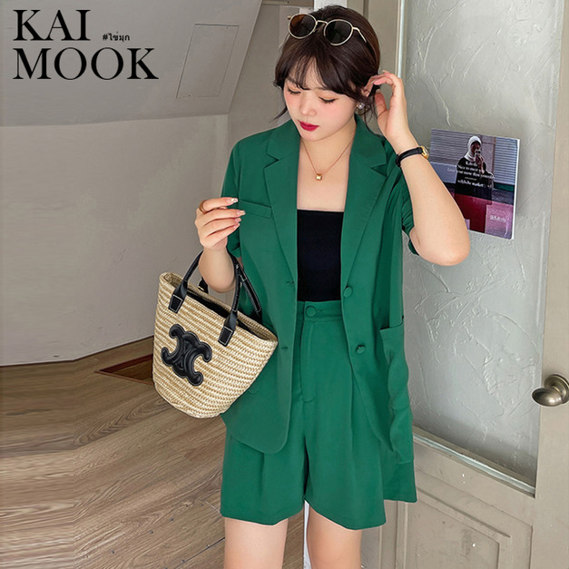 簡約綠短袖西裝上衣+短褲【EA42963】