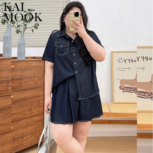 明線牛仔絲兩件式襯衫上衣+半身短裙【EA31166】