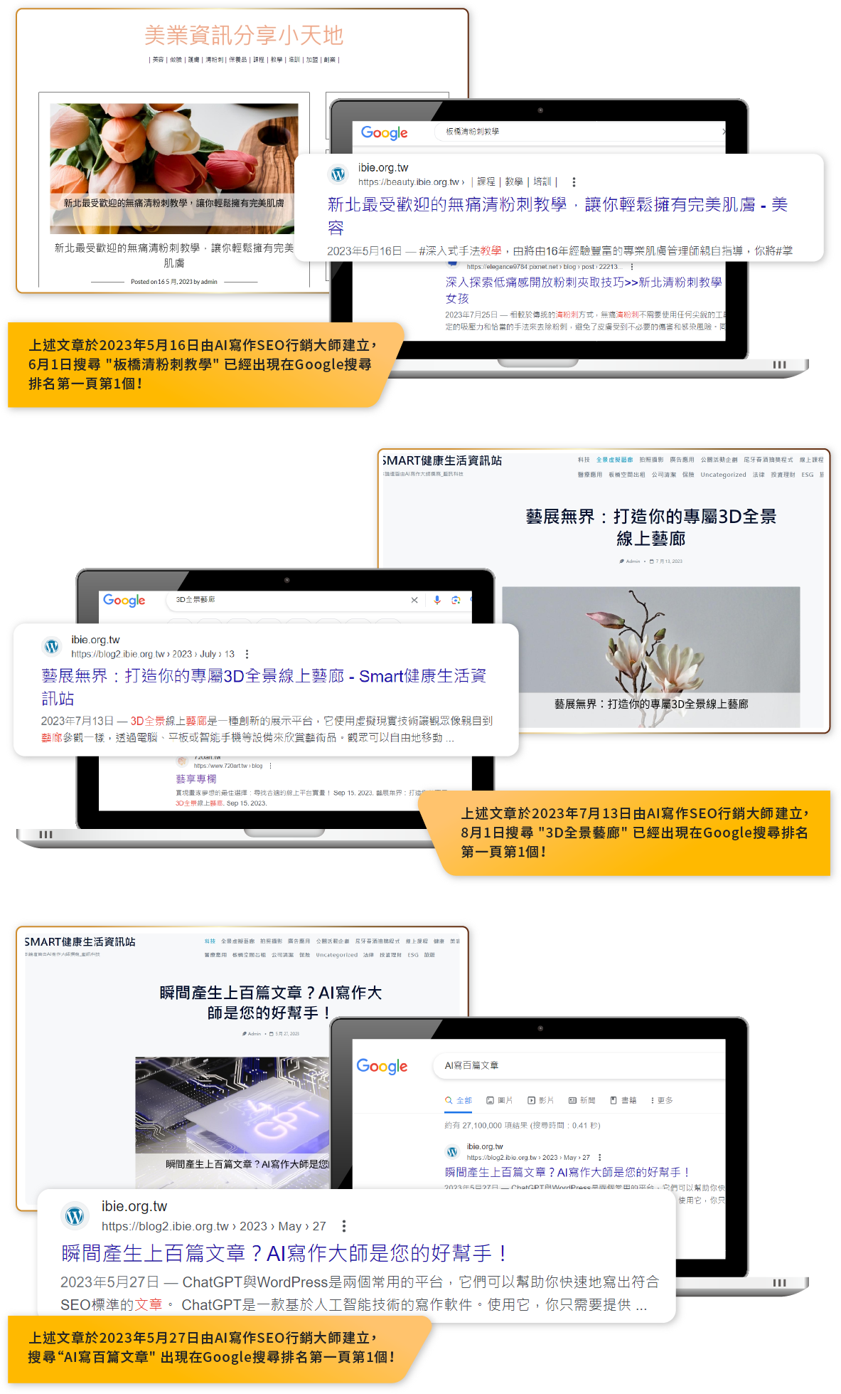 上述文章於2023年5月16日由AI寫作SEO行銷大師建立，6月1日搜尋 "板橋清粉刺教學" 已經出現在Google搜尋排名第一頁第1個！  上述文章於2023年7月13日由AI寫作SEO行銷大師建立，8月1日搜尋 "3D全景藝廊" 已經出現在Google搜尋排名第一頁第1個！