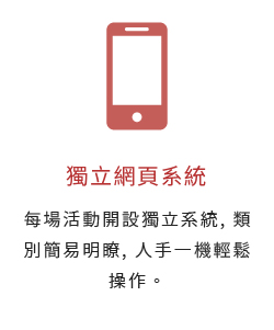 獨立網頁系統-每場活動開設獨立系統, 類別簡易明瞭, 人手一機輕鬆操作。