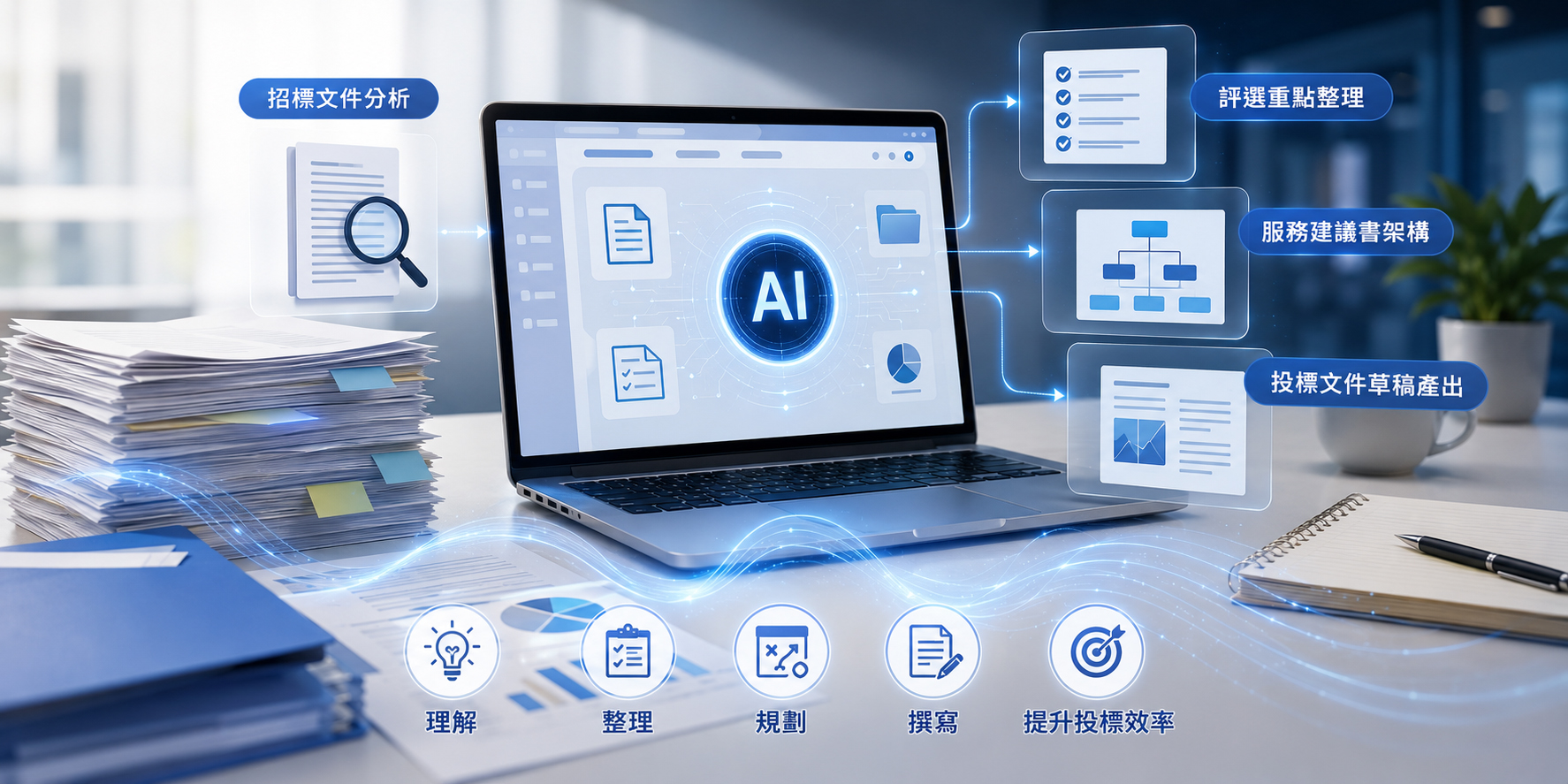 QBid 是什麼？ QBid 是一套專為企業投標作業設計的 AI 輔助工具。  它可以協助投標團隊快速理解招標文件、整理評選重點、規劃服務建議書架構，並根據標案需求產出可編修的投標文件草稿。  把複雜的招標文件，轉換成清楚的投標策略與服務建議書初稿。
