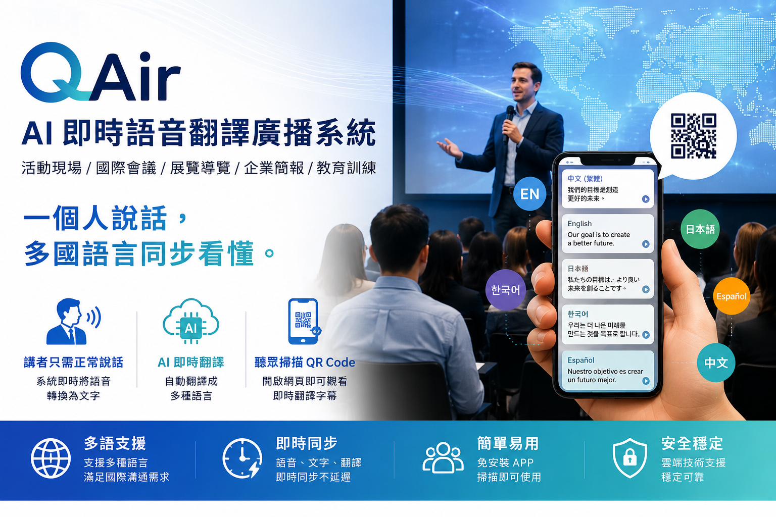 QAir AI即時語音翻譯廣播系統 QAir 是一套專為活動現場、國際會議、展覽導覽、企業簡報與教育訓練設計的 AI 即時語音翻譯廣播系統。  講者只需要正常說話，系統會即時將語音轉換為文字，並翻譯成指定語言。聽眾只要使用手機掃描 QR Code，就能在自己的裝置上觀看即時翻譯字幕。  一個人說話，多國語言同步看懂。