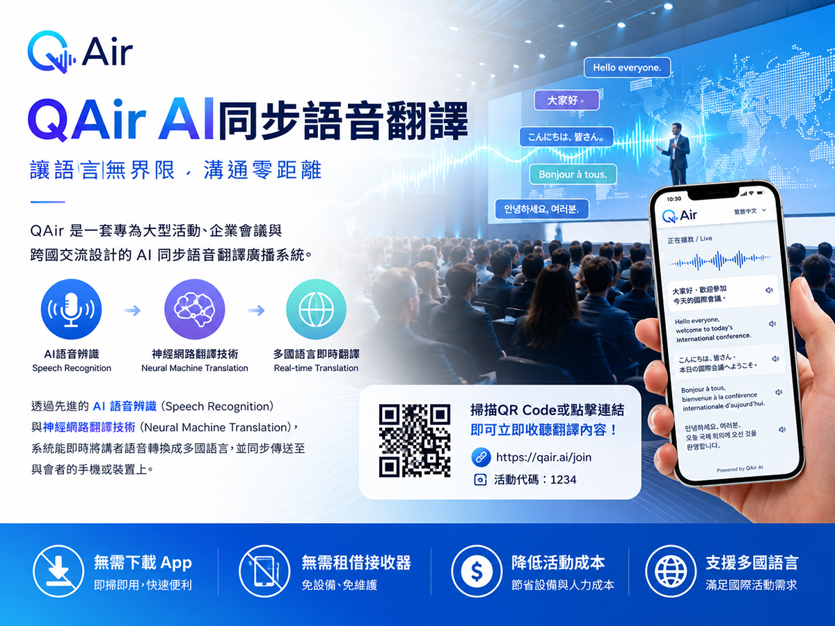 【AI同步語音翻譯推薦】QAir即時翻譯系統，打造跨國會議與國際論壇零語言障礙體驗！