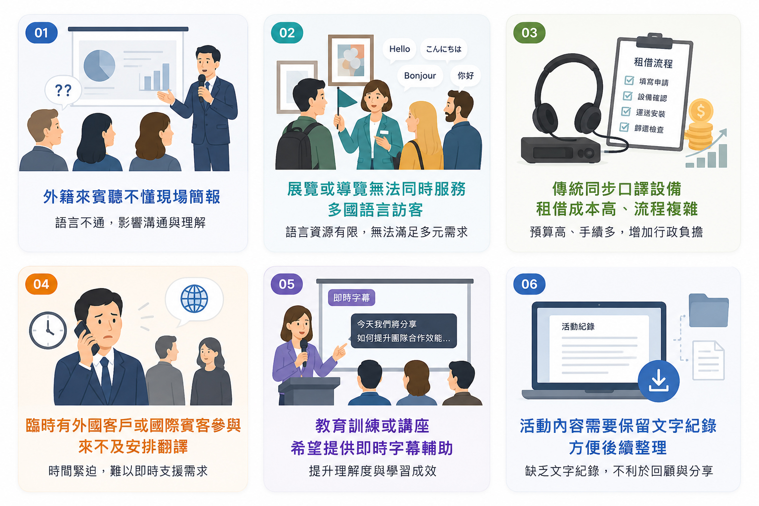 為什麼需要 QAir？  在國際交流、展覽導覽與企業會議中，語言往往是影響溝通效率的關鍵。  你可能遇過以下情況：  外籍來賓聽不懂現場簡報 展覽或導覽無法同時服務多國語言訪客 傳統同步口譯設備租借成本高、流程複雜 臨時有外國客戶或國際賓客參與，來不及安排翻譯 教育訓練或講座希望提供即時字幕輔助 活動內容需要保留文字紀錄，方便後續整理 QAir 透過 AI 語音辨識、即時翻譯與網頁廣播技術，讓現場語音可以即時轉成多國語言字幕，降低活動、會議與導覽現場的語言隔閡。