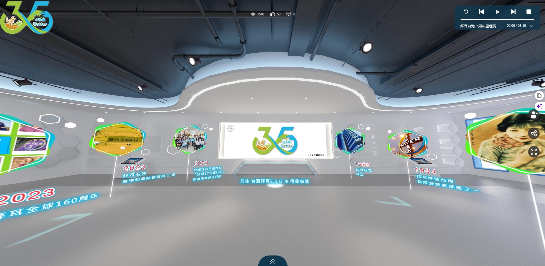 藍訊科技執行 台灣拜耳35周年 VR360全景互動時間牆 線上語音虛擬導覽+手機QRCode闖關互動 實境解謎+智慧去背互動拍照
