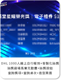 【言成心意】DHL 1000人線上自行報到+客製化抽獎+抽獎過場馬賽克動畫+抽獎按鈕+查詢獎項+查詢桌次+造型票選