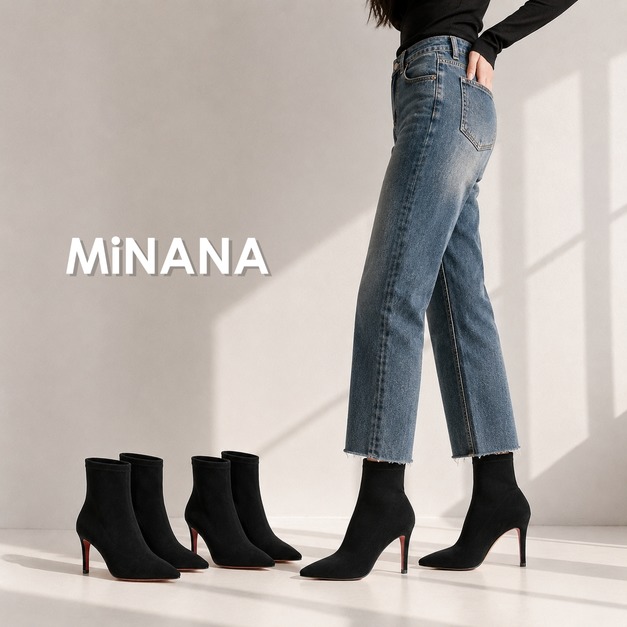 紅底尖頭彈力細高跟襪靴【S4268】MINANA