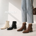 皮面尖頭粗跟後拉鏈短靴【S4272】MINANA
