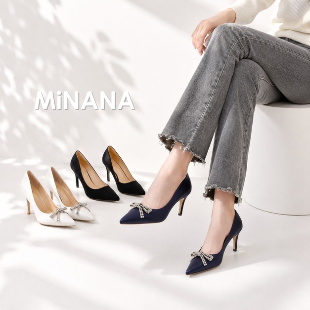 可拆蝴蝶結水鑽尖頭高跟鞋【S4185】MINANA