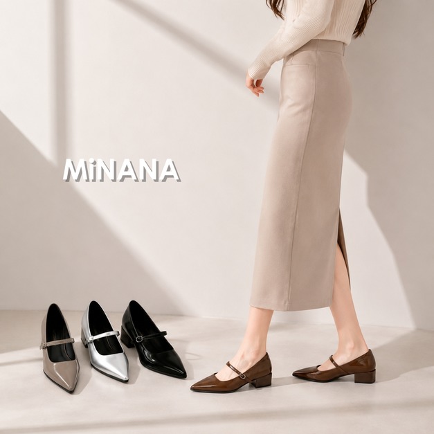 木紋粗跟尖頭中跟鞋【S4314】MINANA