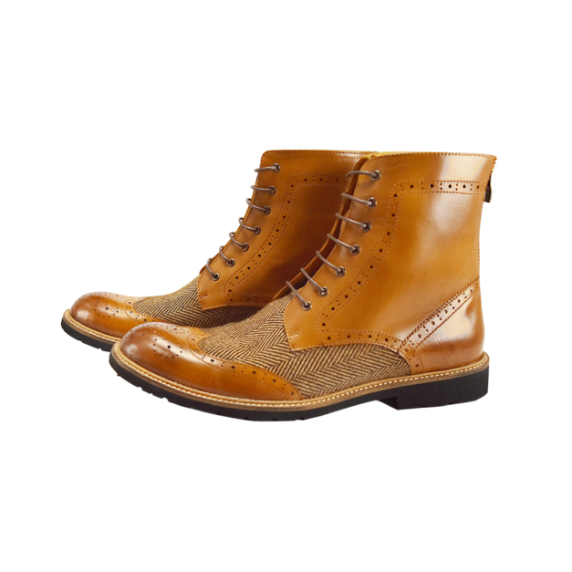 LAIO 英式復古翼紋雕花中筒靴 - 焦糖