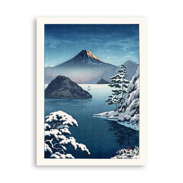 日本版畫｜土屋光逸 | 雪中三津濱（水戶）的富士山