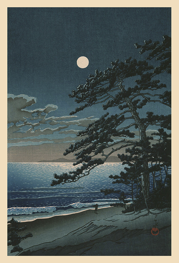 日本版畫｜川瀬巴水｜ 二宮海灘的春月（春之月、二宮海岸