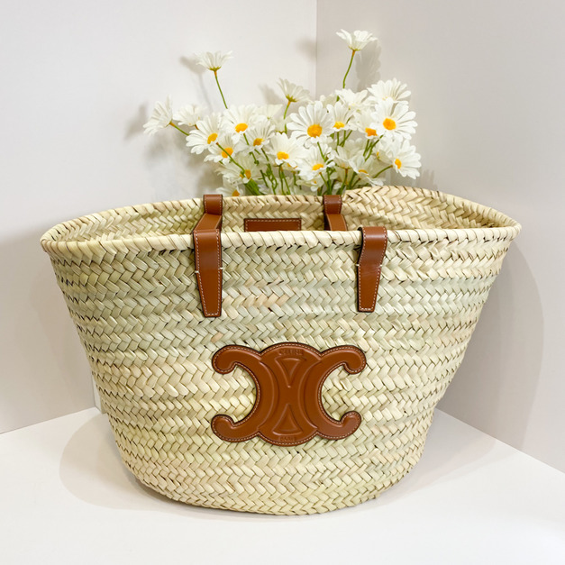 CELINE 牛皮拼拉菲草編織托特包