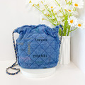 CHANEL 雙C釦丹寧塗鴉束口包水桶包 牛仔藍_7