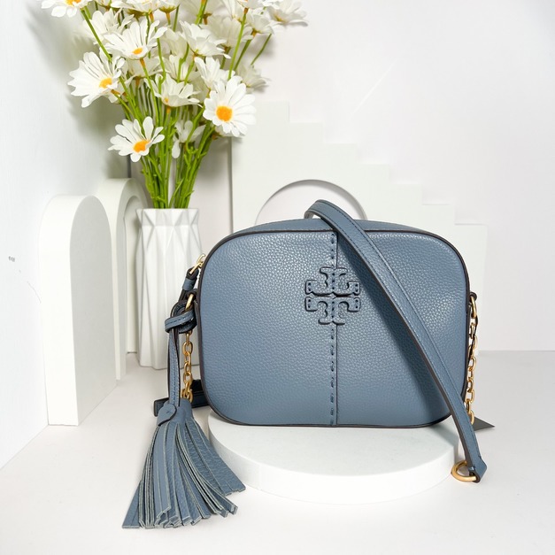 TORY BURCH TB 正櫃流蘇相機包 灰藍