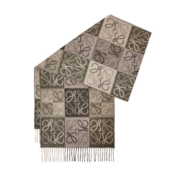 LOEWE羊絨圍巾 棕綠