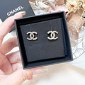 CHANEL 雙C半鑽耳針 耳環 銀
