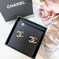 CHANEL 半鑽雙C耳針 耳環 復古金
