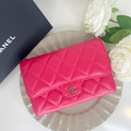 [二手] CHANEL 翻蓋中夾 羊皮桃紅色