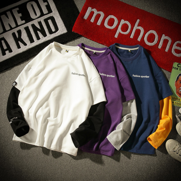 雙拚色假兩件圓領長袖Tee