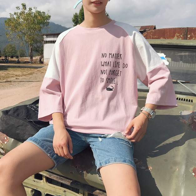 插肩拚色圓領上衣