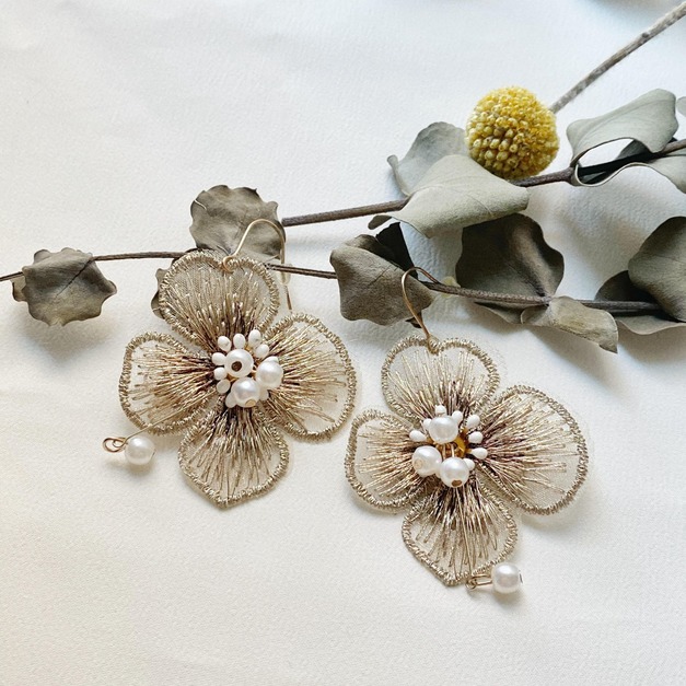 金絲銀杏小珍珠耳環