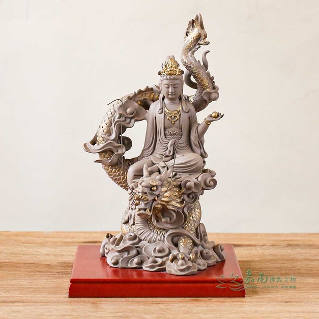 騎龍觀音-9寸5(石金色) 龍騰雲端 佛法普照｜石金質感描金波麗佛像  (底座顏色隨機)
